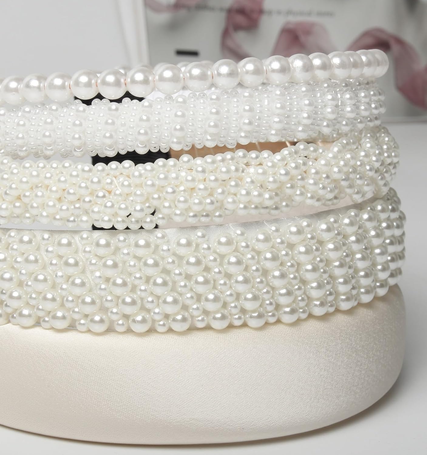 5PK White Pearl Headbands for Women Girls Cute Pearl dainty Headbands Bling Faux Pearls Hairbands Wedding Hair Accessories hair hoop headband