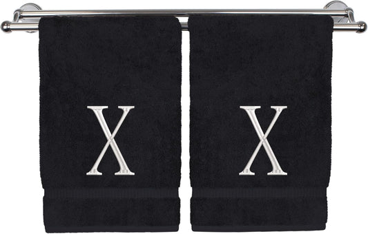 Monogrammed Hand Towel, Personalized Initial Gift, Extra Absorbent 100% Turkish Cotton - Soft Terry Finish - Set of 2 - White Block Initial X - Embroidered on Black Towels
