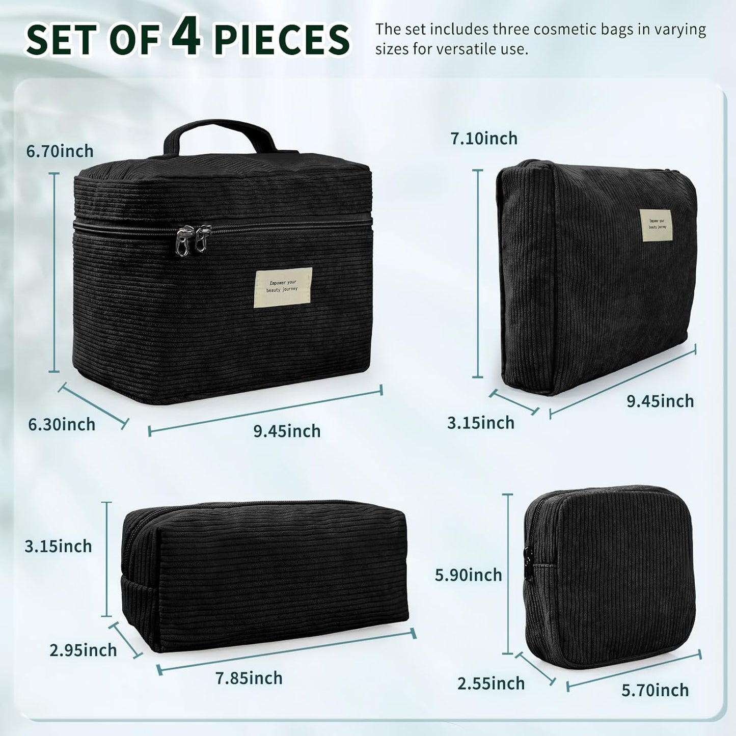 4 Pcs Makeup Bag for Women Corduroy Cosmetic Bag Aesthetic Cute Bags Multi Size Purse Pouch Travel Toiletry Bag Set Makeup Organizer with Zipper(Black)