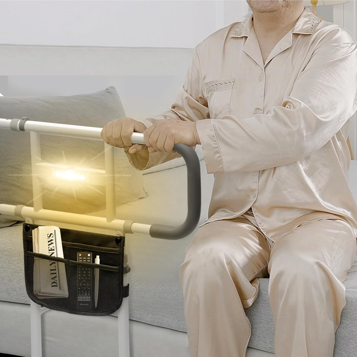 Bed Rails for Elderly Adults, Height Adjustable Bed Assist Rail with Motion Light & Storage Pouch, Safety Bed Handle with Support Legs for Seniors, Fit Any Bed