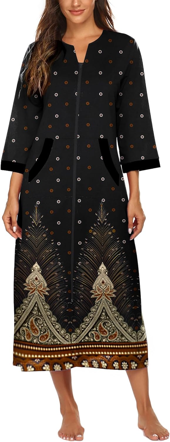 Ekouaer Women Zipper Robe 3/4 Sleeves Loungewear Dress Full Length Sleepwear Pockets Housecoat Nightgown Long Bathrobe