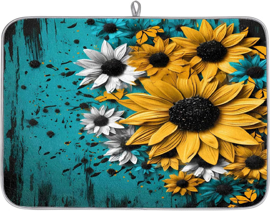 Dish Drying Mat Turquoise Wooden Sunflower Large Drying Mat for Kitchen Counter 18x24in Absorbent Dish Drainer Rack Pad, Heat Resistant Coffee Bar Mats Countertop Protector
