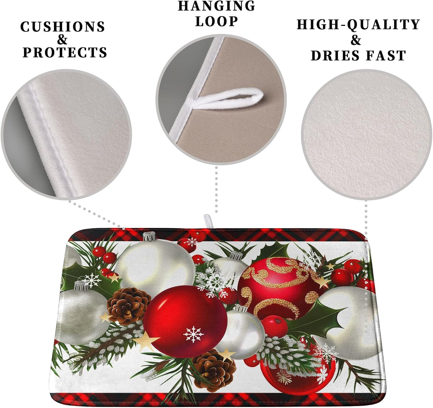 Christmas Red Buffalo Plaid Dish Drying Mat for Kitchen Counter 16x18 Inch Winter Xmas Ball Snowflake Pine Cones Dishes Drying Mat Microfibe Super Absorbent Dish Rack Pad for Coffee Bar Sinks