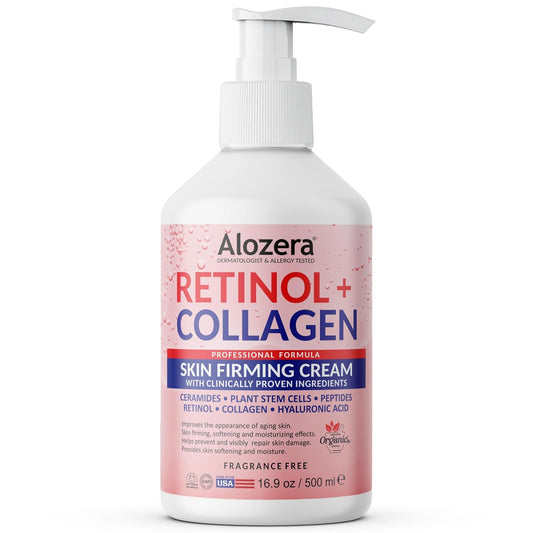 Alozera Skin Firming Retinol Collagen Body Lotion with Stem Cells for Aging Skin and Wrinkles, Non-Greasy, Lightweight Moisturizer, Fragrance-Free, 16.9 oz