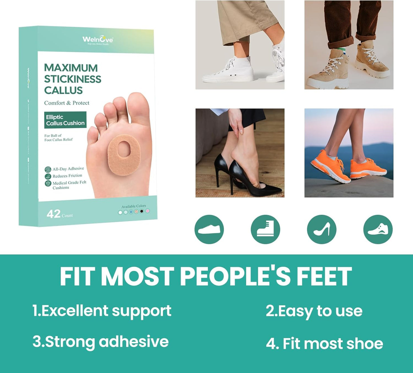 Welnove 42pcs Callus Pad with Water-Resistant Self-Stick Adhesive, Protects Foot, Heel and Toes from Rubbing and Friction,Oval Shape Design,Reduce Pressure and Friction from Shoes Rubbing-Skin Color