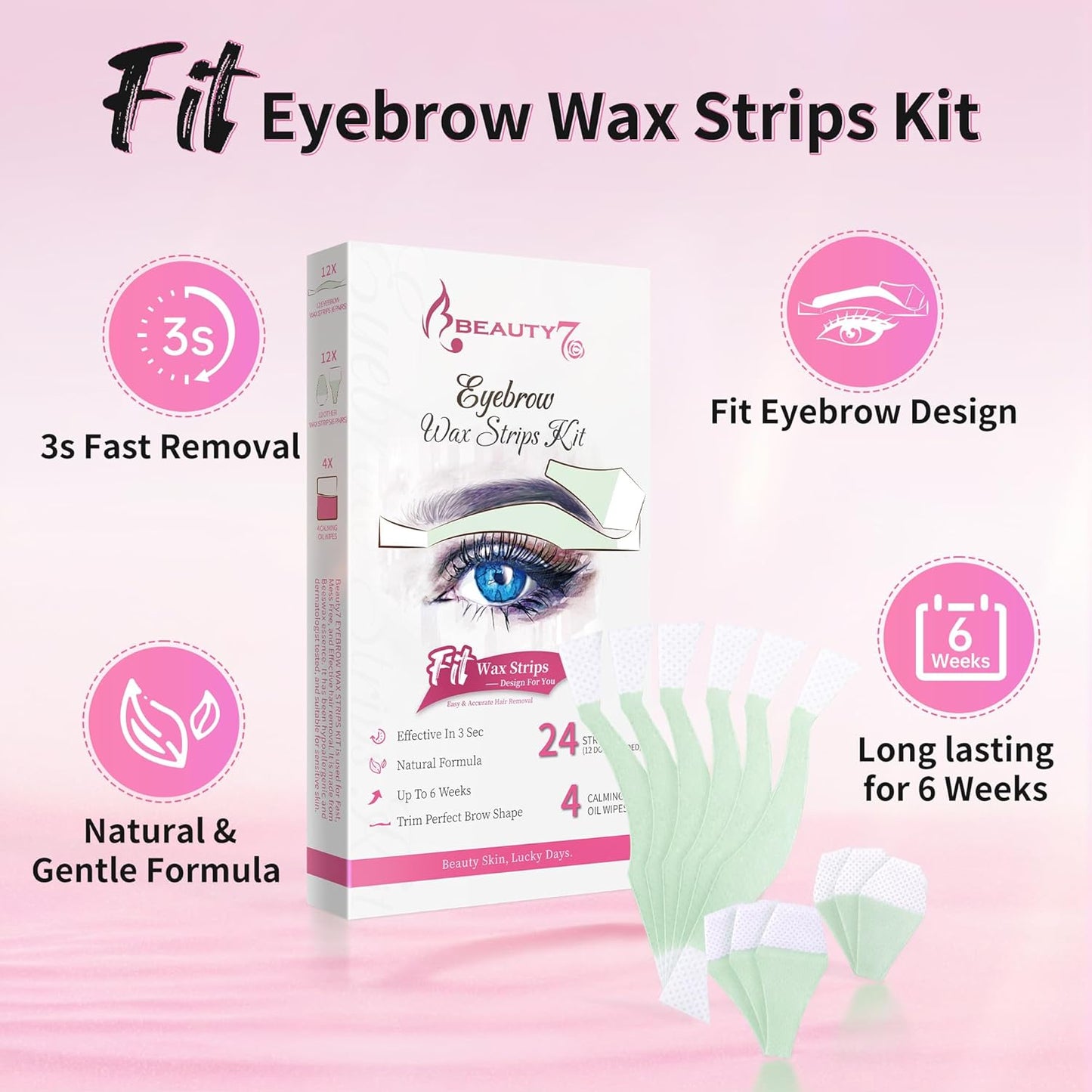 Beauty7 Facial Wax Strips Kit for Hair Removal - Eyebrow Shaper at Home - 24 Strips, 4 Calming Oil Wipes for Sensitive All Skin Types for Women