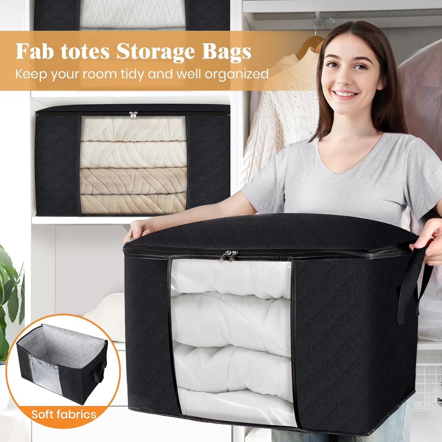 Fab totes 24 Gallons Clothes Storage, Foldable Thick Fabric Blanket Storage Bags, Containers for Organizing Bedroom, Closet, Clothing, Comforter, Organization with Handle (4 Pack,Black)