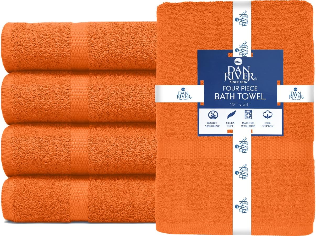 DAN RIVER Bath Towels Set of 4, 27 x 54 Inches, 100% Cotton, Larger & Lighter Weight, Quicker to Dry, Super Soft and Absorbent, Ideal Bathroom Towels Set for Daily Use, Orange