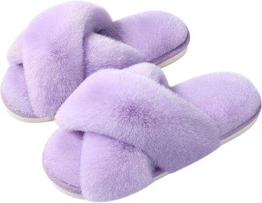 Evshine Women's Fuzzy Slippers Cross Band Memory Foam House Slippers Open Toe
