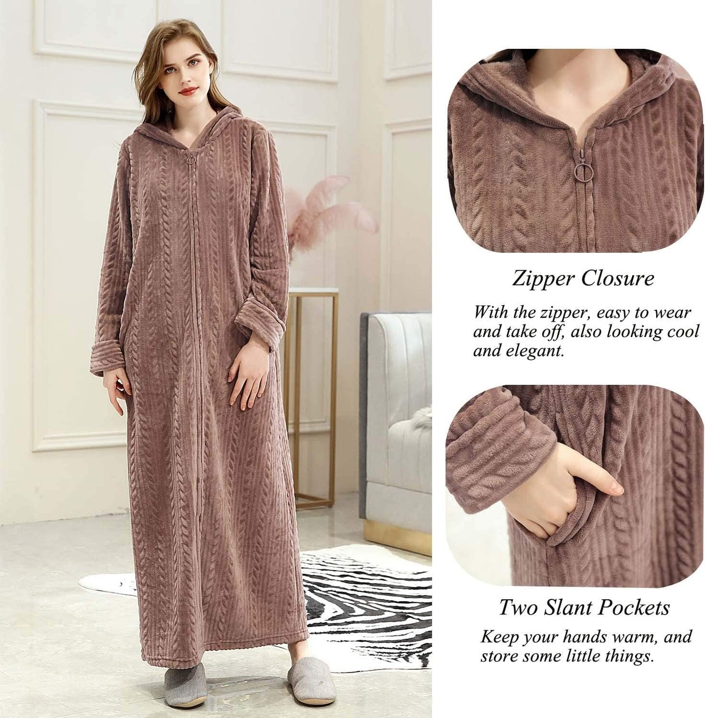 Hellomamma Long Hooded Zipper Bathrobe for Womens Flannel Fleece Robes Winter Warm Housecoat Nightgown Sleepwear Pajamas