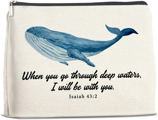 Christian Whale Shark Makeup Bag Gifts for Women Bible Verse Isaiah 43:2 When You Go Through Deep Waters I Will Be With You Cosmetic Bag Zipper Pouch