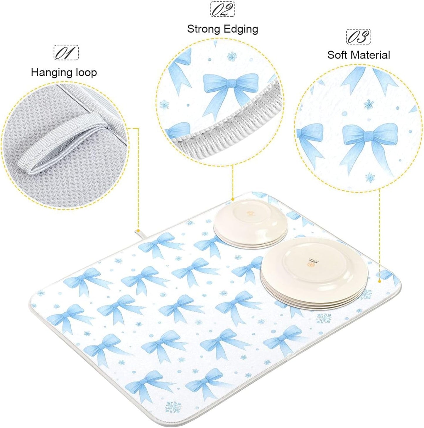 Blue Bow Ribbon Dish Drying Mat for Kitchen Countertop 16x18 Bowknot White Coquette Pattern Small Drying Mat Reusable Quick Dry Dish Sink Mats Easy Clean Decorative Essentials