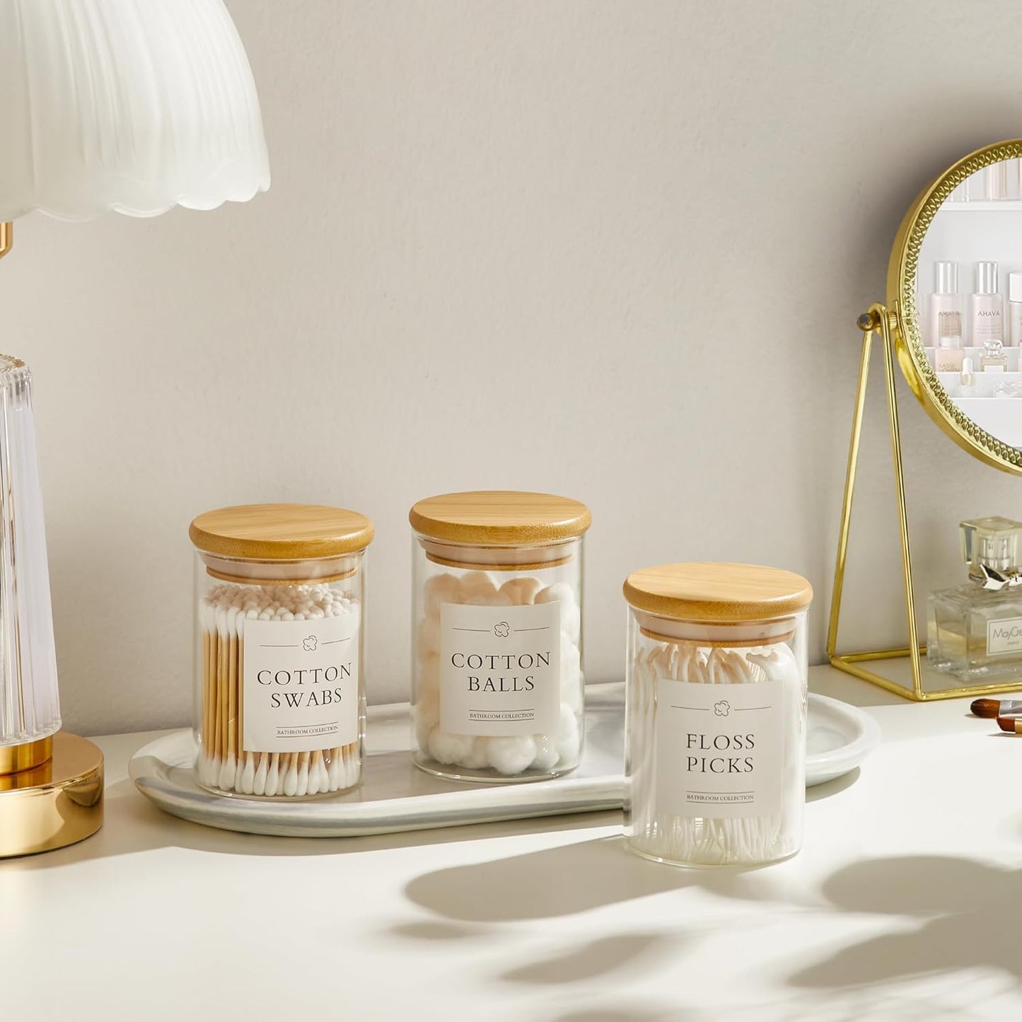 4 Pack Qtip Holder Dispenser - Glass Apothecary Jars with Lids, Cotton Ball Pad Swab Round Holder, Bamboo Bathroom Accessories, Bathroom Organizers Containers Jars Canisters with Lids