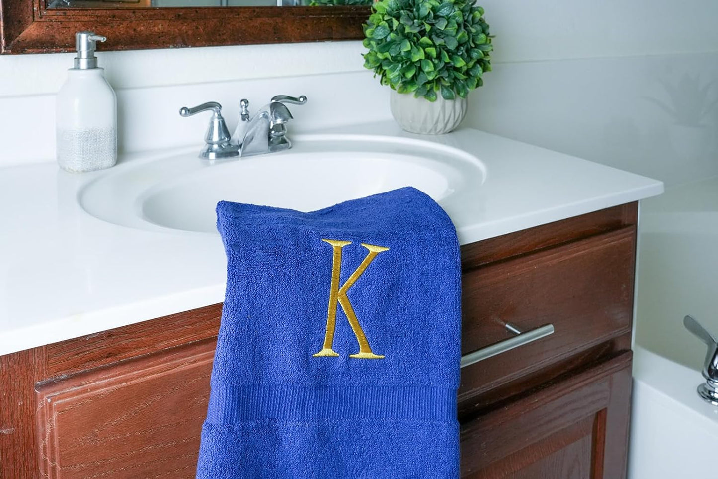 Navy Monogrammed Hand Towels for Bathroom - Navy and Gold Luxury Hotel Quality Personalized Initial Decorative Embroidered for Powder Room, Spa-GOTS Organic Certified - Pack of 2, Letter K