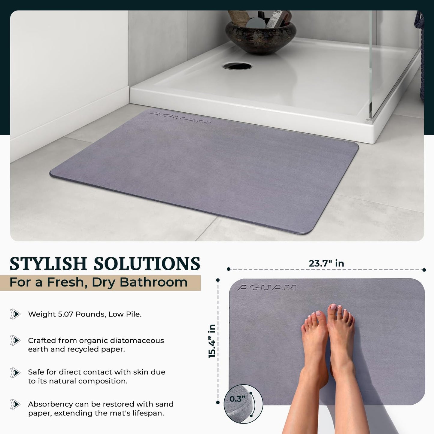 23" x 15" Diatomaceous Earth Shower Non Slip Stone Bath Mat | Quick Dry Super Absorbent Large Mats for Kitchen | Anti-Slip Fast Drying Water Absorbing Stone Bath Mats for Bathroom | Solid Gray