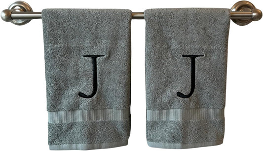 Gray Initial Hand Towel for Bathroom - Monogrammed Luxury Hotel Quality Decorative Embroidered Towel for Powder Room, Spa - GOTS Organic Certified - Set of 2 Black Letter J