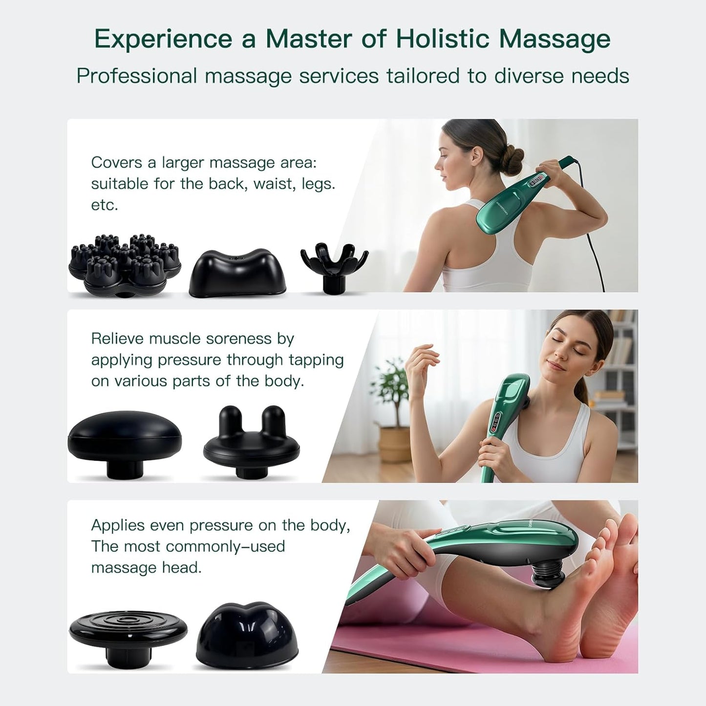 Handheld Back Massager | Deep Tissue Percussion Massage for Back, Neck, Shoulders, Waist and Legs (dark green)