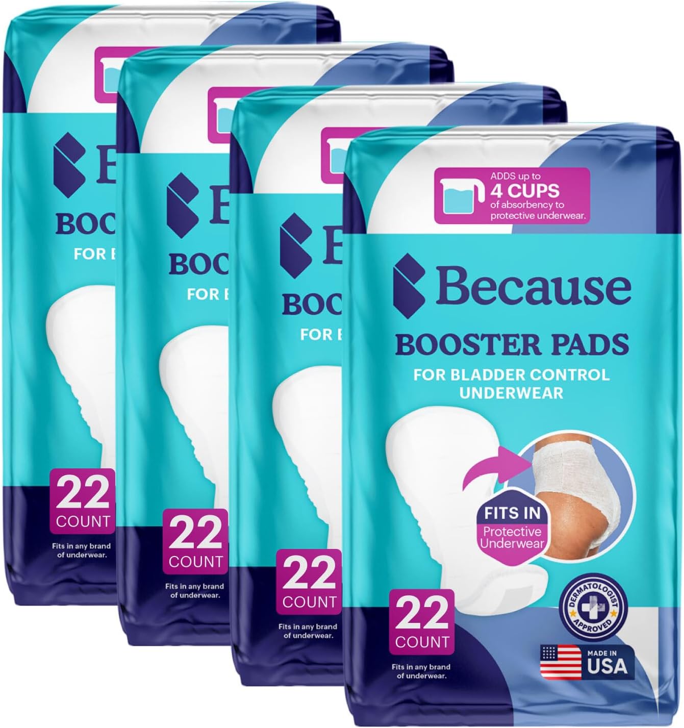Because Overnight Incontinence Booster Pads for Men and Women, Adds Extra Absorbency to Adult Diapers, Super Soft, Adhesive Strip Backing, Unisex, 88 Count (4 Packs of 22)