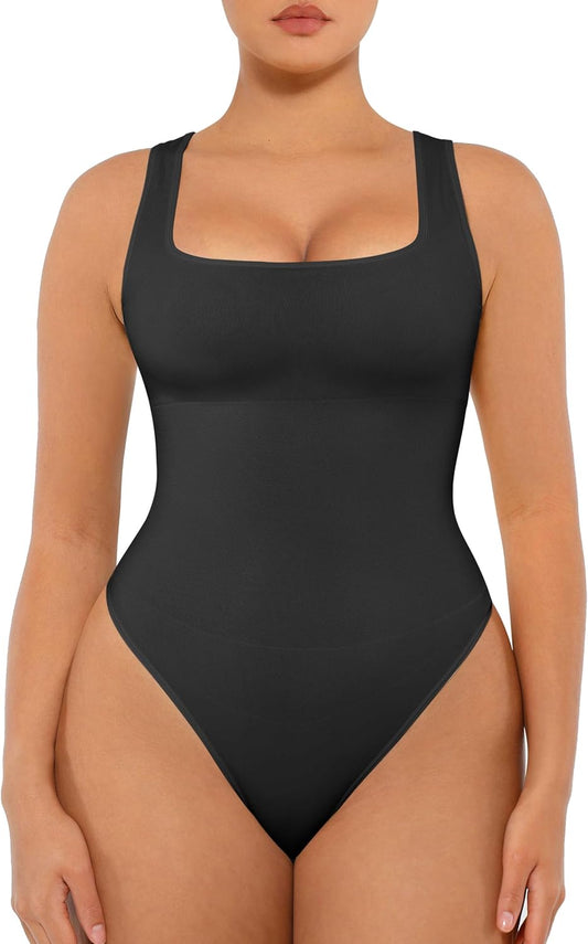 FeelinGirl Bodysuits for Women Seamless Square Neck Tummy Control Compression Thong Shapewear Bodysuit Tank Tops Bodysuit