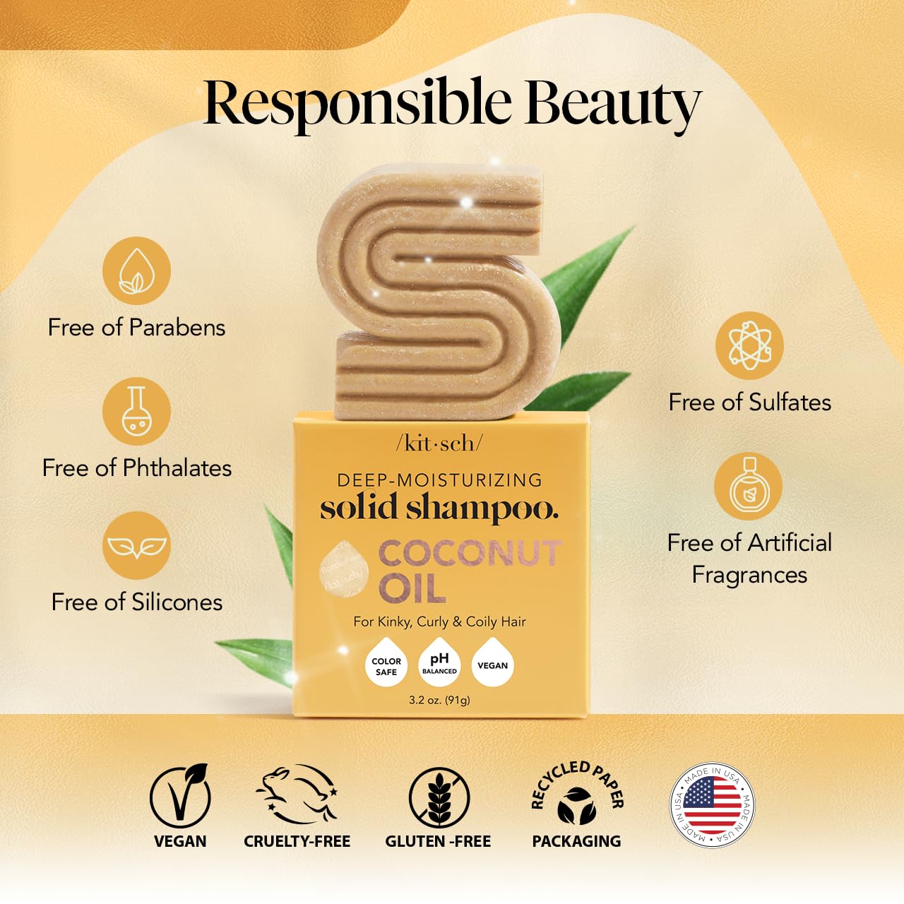 Kitsch Coconut Oil Shampoo Bar - Hydrate & Soften Dry Damaged Hair - Deep Moisturizing Curly Hair Shampoo - Safe Shampoo for Color Treated Hair - Silicone, Paraben & Sulfate Free - 3.2 oz