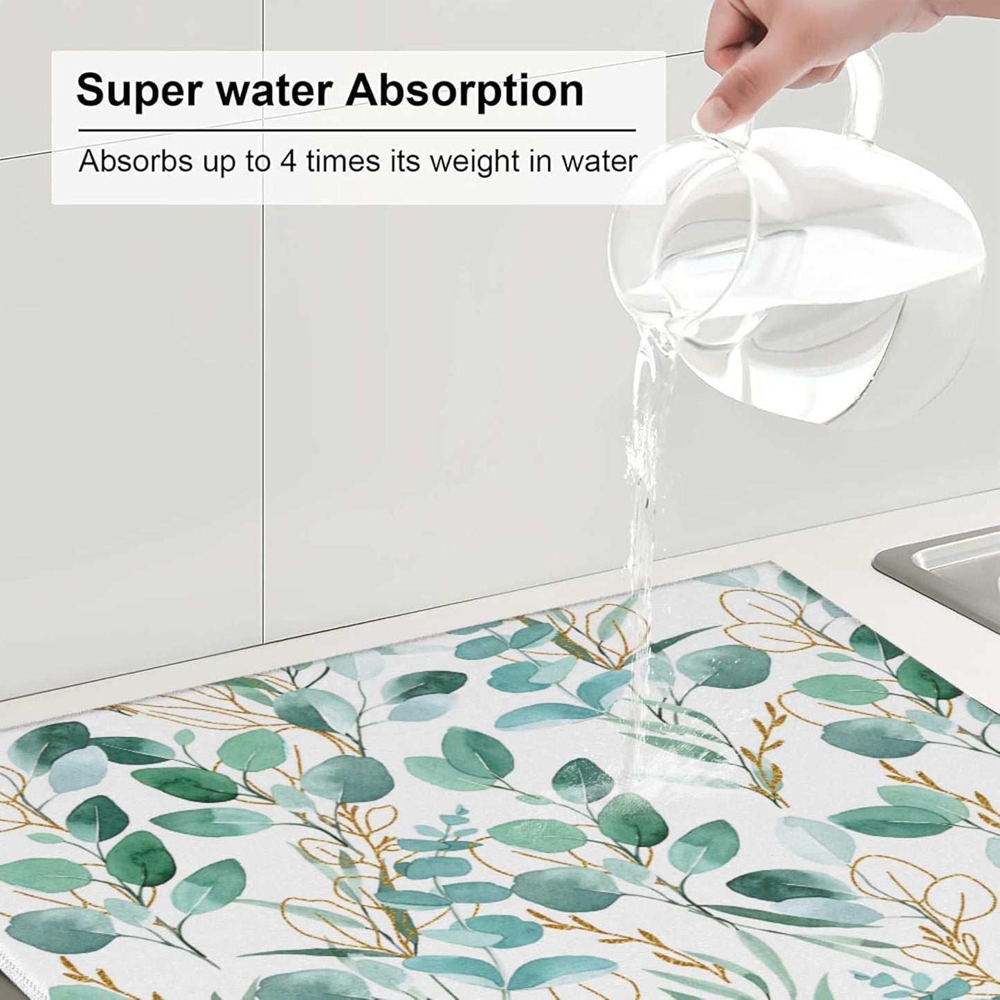 Sage Green Leaves Dish Drying Mat for Kitchen Counter Cute Botanical Dish Drainer Rack Mats 16"x18" Absorbent Reversible Drying Pad Spring Summer Kitchen Decor