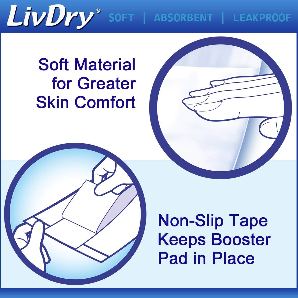LivDry Incontinence Booster Pads, Use with Adult Diapers for Women and Men, Extra Comfort Softness, Disposable Pad (16 Count, Long Length)