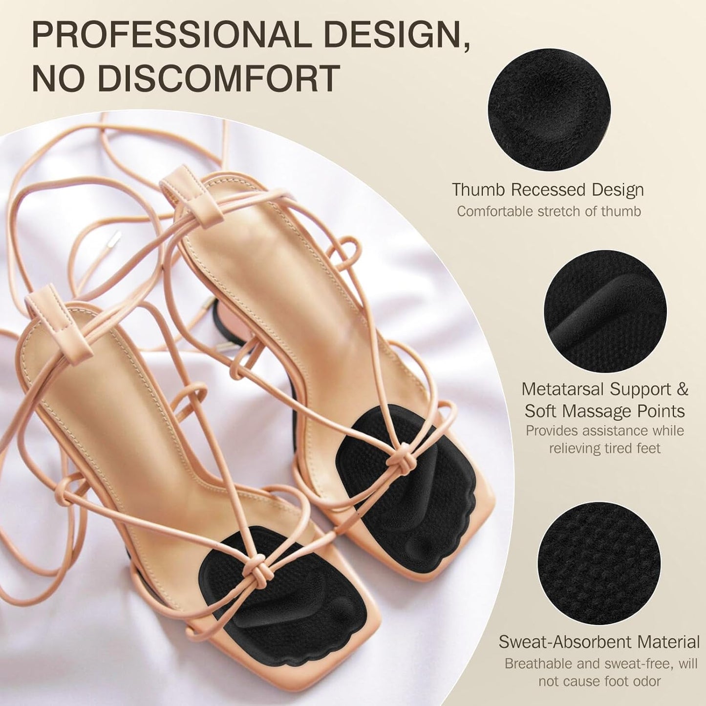 Metatarsal Pads Women, Gel Ball of Foot Cushions for Pain Relief in Shoes, Non-Slip Heel Inserts, One Size Fits All (2 Pairs, Black)