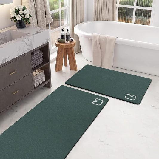 2 Piece Bathroom Rugs Mat Set - Quick Dry Diatomaceous Earth Bath Mat for Bathroom Non-Slip Bath Rug with Rubber Backing, Absorbent Bath Mats Thin Bath Floor Mat,15.7x23.6+15.7x47.2 Inch, Dark Green