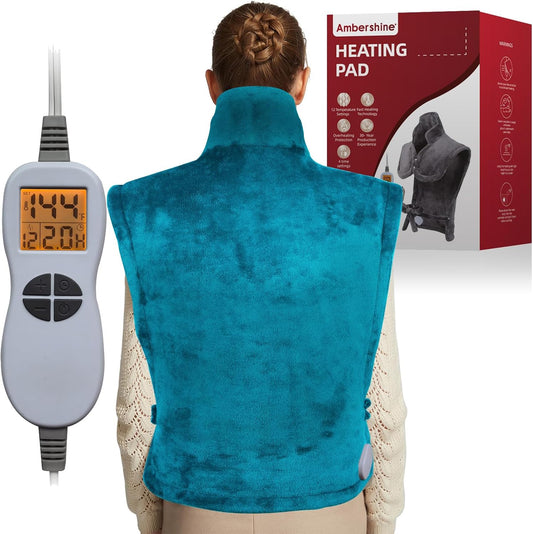 Ambershine 26"x35" XXXL King Size Neck& Shoulder& Back Heating Pad with 12 Temperature Settings& 4 Auto-Off Countdown Timers, Pain Relief for Back/Neck/Shoulder, Christmas gift for mom dad(Light Teal)