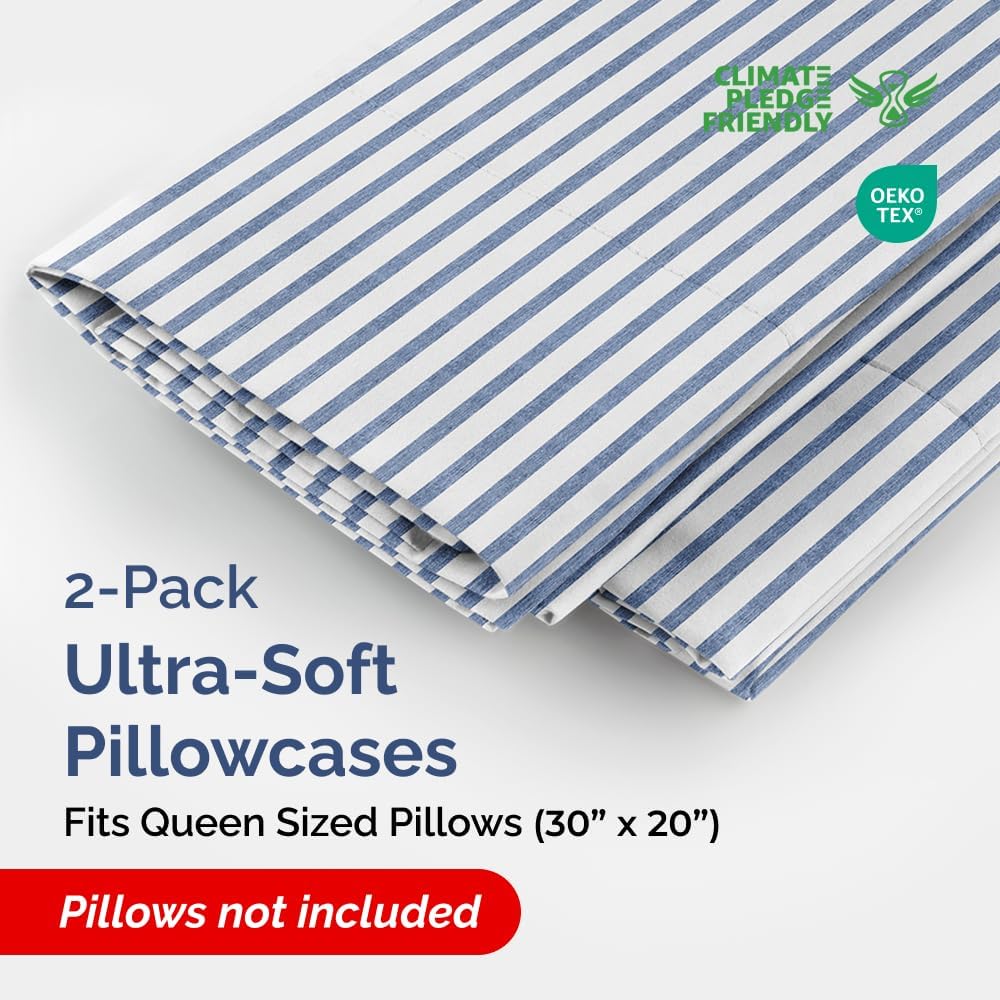 Queen Pillow Cases Set of 2 - Ultra Soft Hotel Quality Pillowcase Covers - Comfy, Cozy & Wrinkle Free - Shrinkage and Fade Resistant - Machine Washable Pillow Protectors - 2 Piece Set - Blue Stripes 2