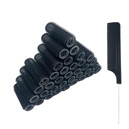 36PCS Self Grip Small Hair Curlers Heatless Roller Hair Curlers Pro Salon Hairdressing Curler DIY Curly Hairstyle Hair Rollers Tools Rat Tail Comb for Women Medium Short Hair(0.8x2.4in-black)