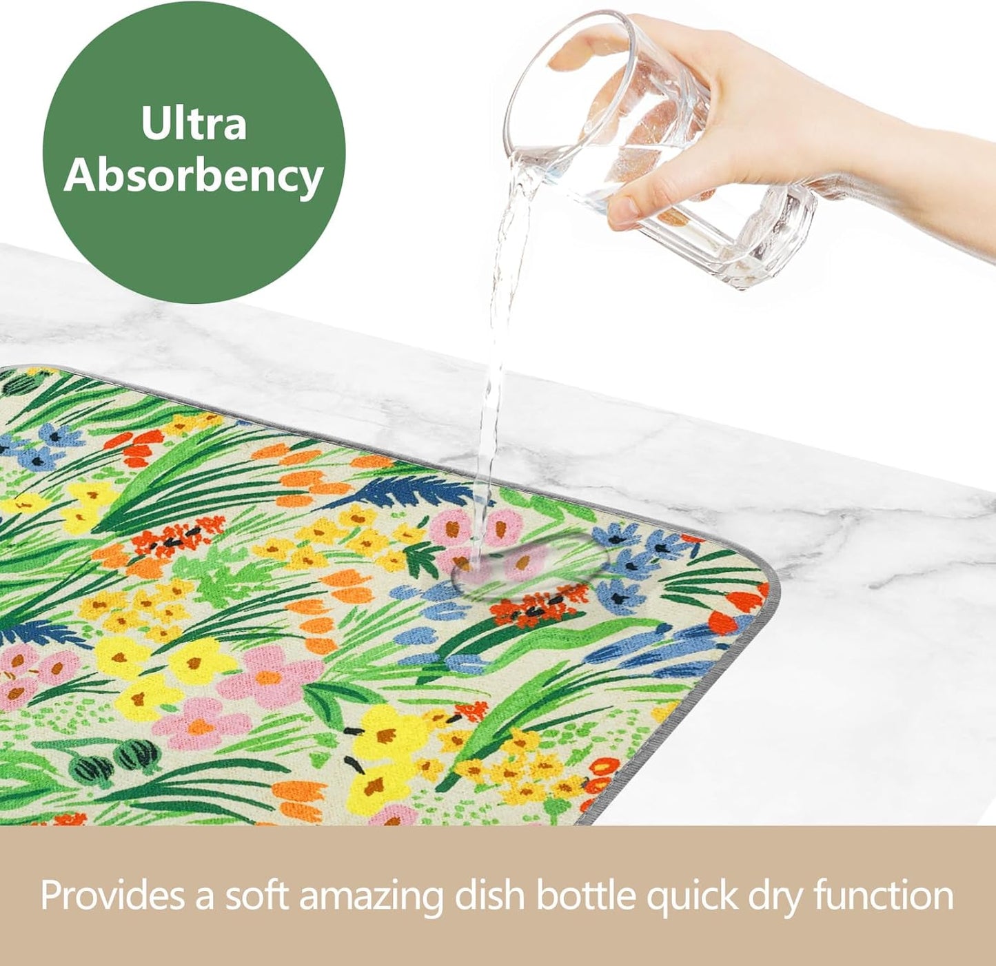 SHIYUE Dish Drying Mat for Kitchen Counter Super Absorbent Spring Kitchen Decor Microfiber Drying Matainers Rack Fast Pad Dish Drainer Mats(Cute Colorful Flowers,18''x24'')