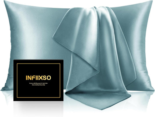 INFIIXSO Mulberry Silk Pillowcase for Hair and Skin, Silk Pillow Cases Standard Size with Hidden Zipper 20x26 Inches, Super Smooth and Soft Cooling Pillow Cases for Hot Sleepers(Haze Blue, 1 Pack)