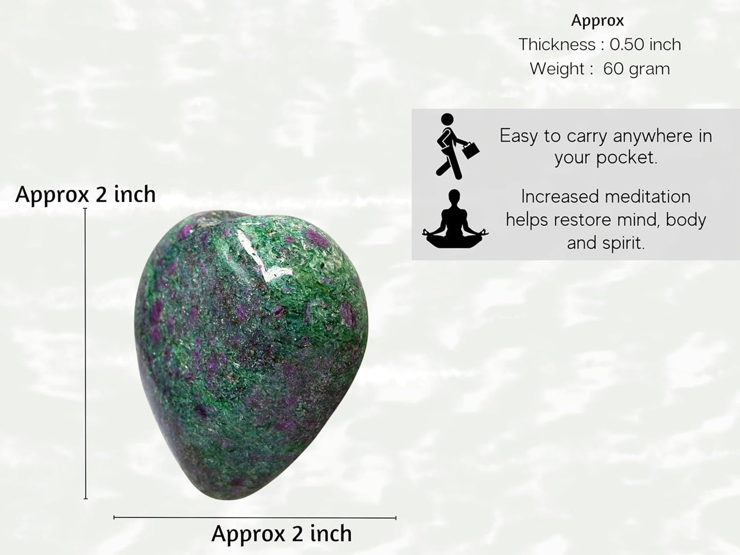 Amazing Gemstone Ruby Fuchsite Crystal Heart Palm Stone - Pocket Massage Worry Stone for Natural Body Chakra Balancing, Reiki Healing and Crystal Grid