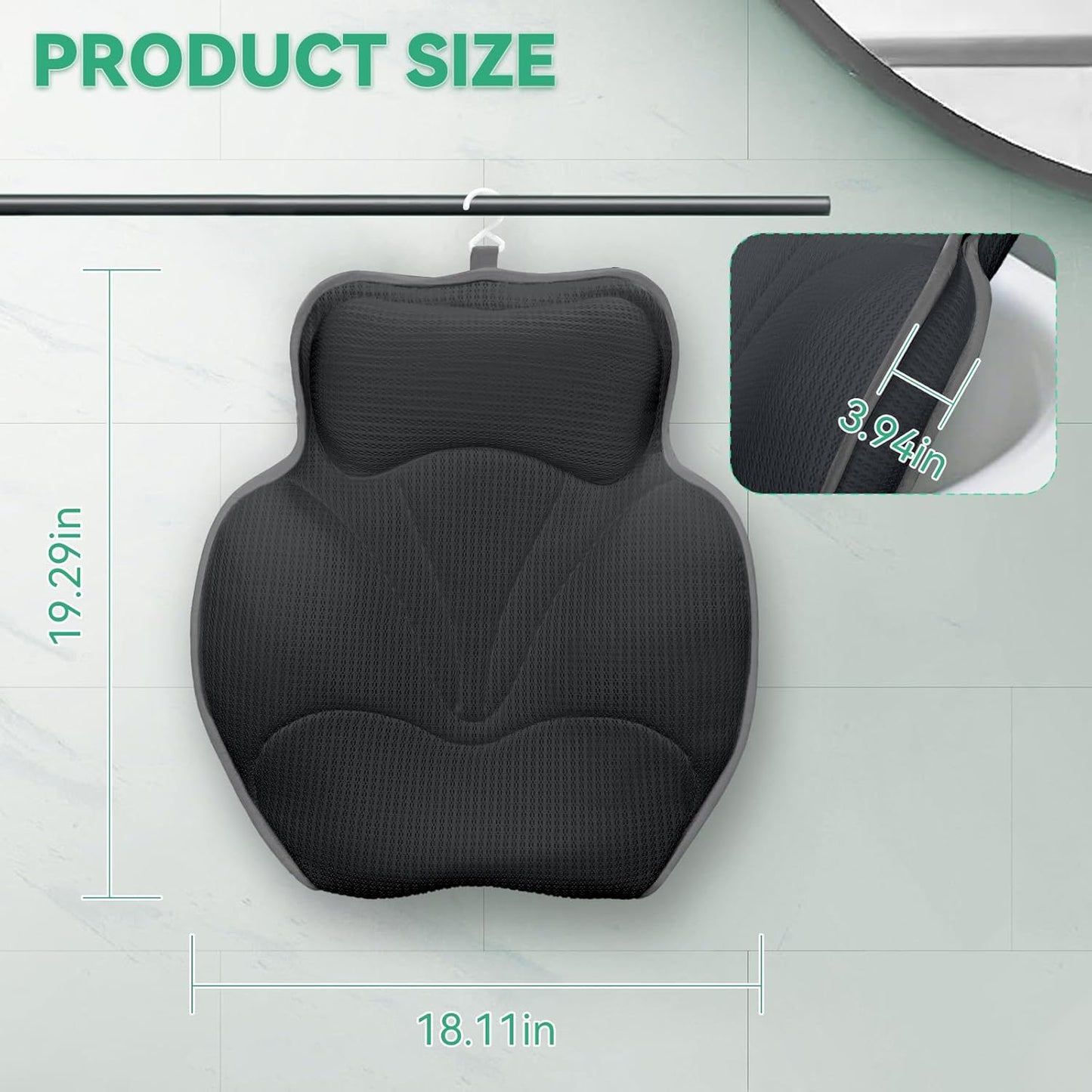 Bath Pillows for Tub - Luxury Bathtub Pillow Neck, Head, Back Support, Soft 4D Mesh Fabric and Non-Slip Suction Cups & Quick Dry, Comfort Fits All Tubs, Relaxation Spa Gift, Grey