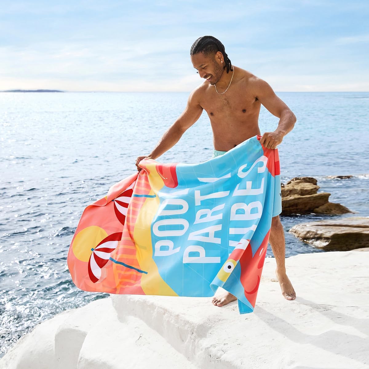 Dock & Bay Beach Towel - Quick Dry, Sand Free - Compact, Lightweight - 100% Recycled - Includes Bag - Pool Party Vibes - Extra Large (200x90cm, 78x35)