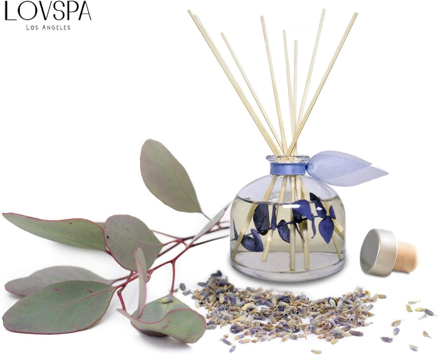 LOVSPA Reed Diffuser Set, DE-Stress Lavender Eucalyptus Scented Oil Diffuser with Sticks, Home Fragrance Accessories for Bathroom Shelf Decor, Aroma Diffusers for Home or Office Desk, USA Made