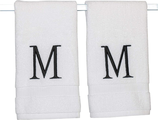 Black Initial Hand Towel for Bathroom - Monogrammed Luxury Hotel Quality Decorative Embroidered Towel for Powder Room, Spa - GOTS Organic Certified - Set of 2 Letter M