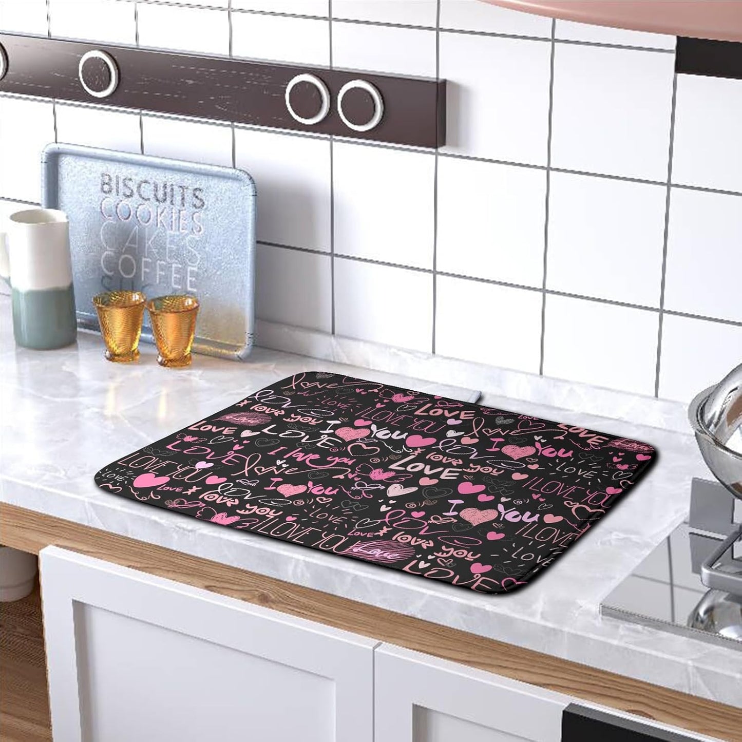 Mother's Day Dish Drying Mat for Kitchen Counter Love Heart Black Drying Mats Absorbent Reversible Microfiber Dish Pad Washable Dish Draining Mat Extra Large 18x24 Inch