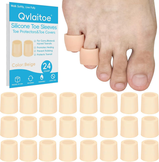 Silicone Toe Sleeves, 24 Count Pinky Toe Protector for Pain Relief, Gel Toe Covers for Blisters, Corn, Bunion, Hammer Toes, Overlapping Toes, Toenails Loss (Beige)