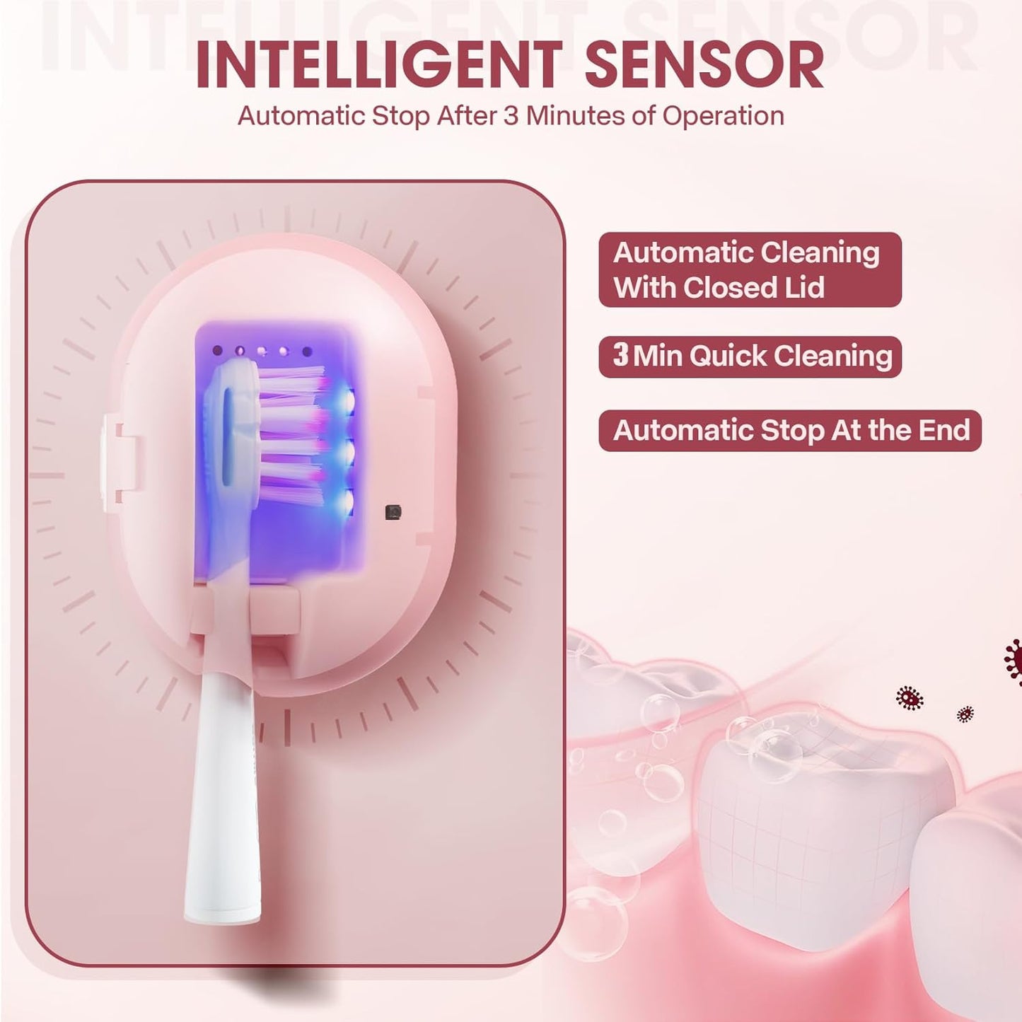 Toothbrush Sterilizer, Travel Toothbrush Covers Case with Holder, Portable USB Charging Toothbrush Cleaner Case with Blue Light (Pink)