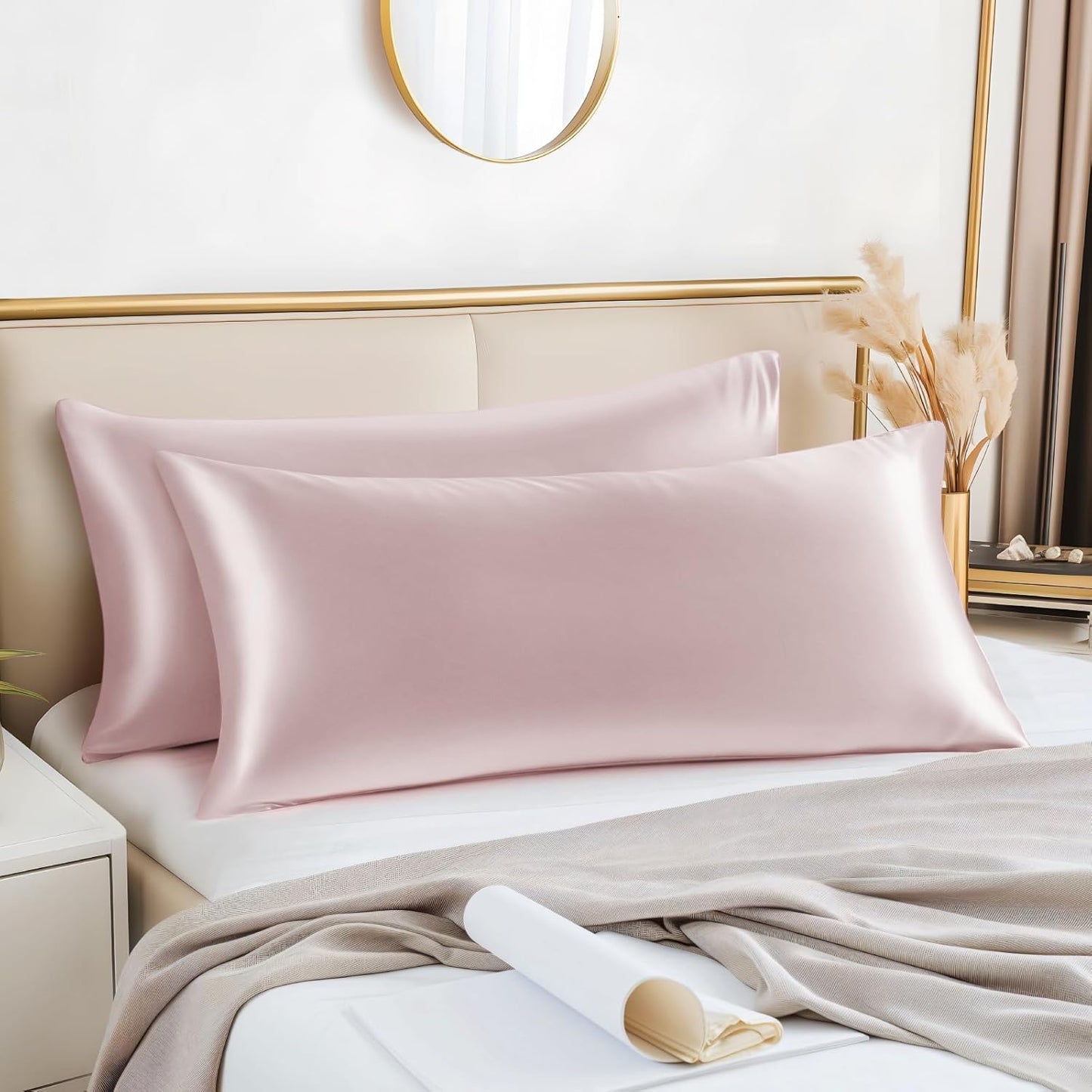 BEDELITE Satin Body Pillow Cover 2 Pack, Super Soft and Cooling Body Pillow Pillowcase for Hair and Skin, Breathable Silky Full Long Pillowcase Cover(20"x54", Lotus Pink)