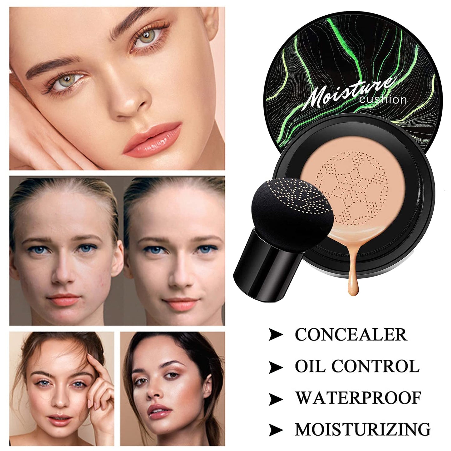 2 PCS Mushroom Head Air Cushion CC Cream Nature Foundation,Foundation Brush Powder Brush,Moisturizing Concealer, Bright Makeup Base Long Lasting with Mushroom Makeup Sponge(#05 Sand)