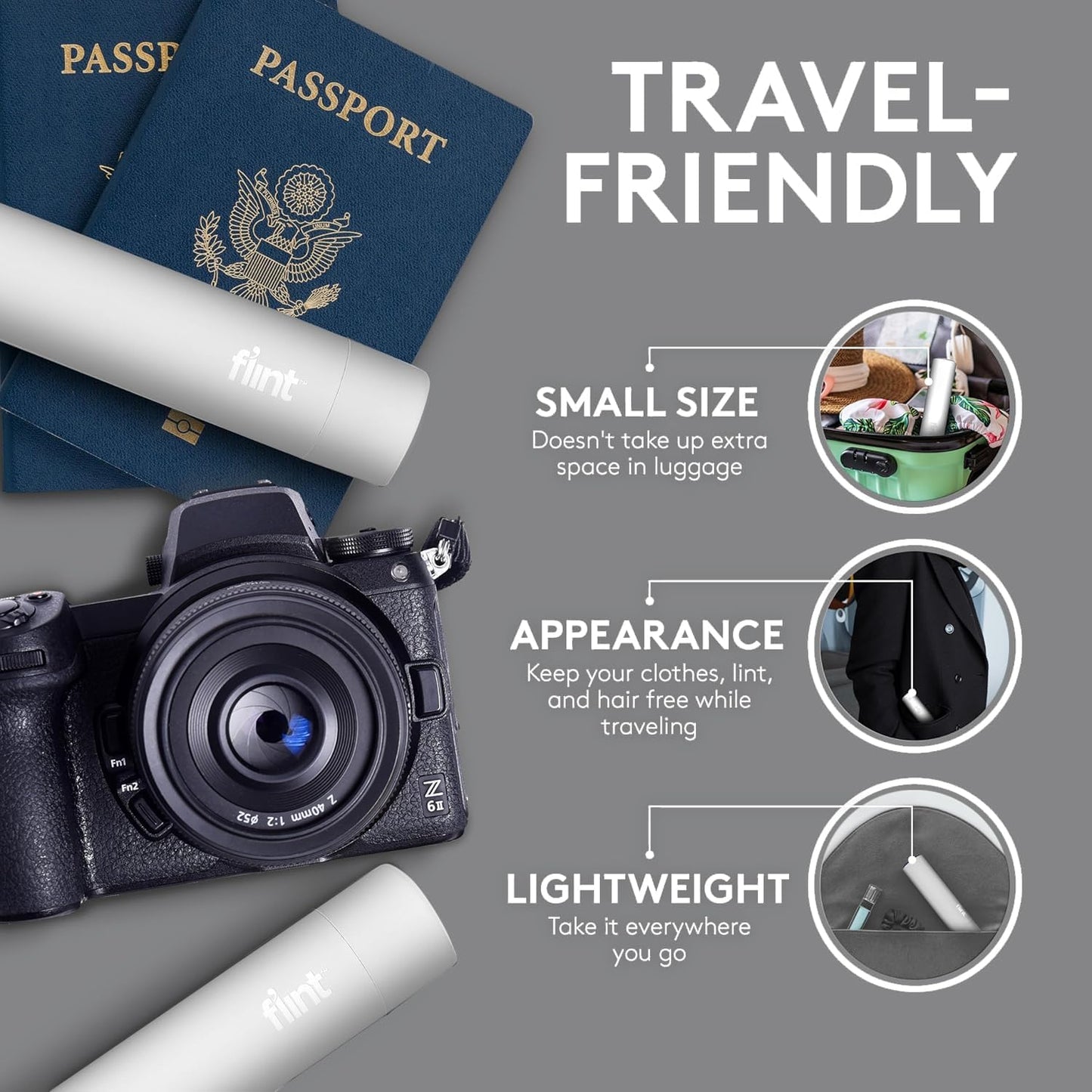 Flint Classic White Retractable Mini Lint Roller with 30 Extra Sticky Sheets, Small and Portable Lint Roller, Ideal Pet Hair Remover, Travel Lint Rollers for pet Hair Extra Sticky