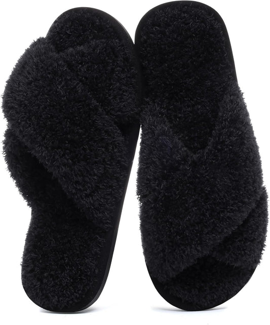 Evshine Women's Fuzzy Slippers Cross Band Memory Foam House Slippers Open Toe