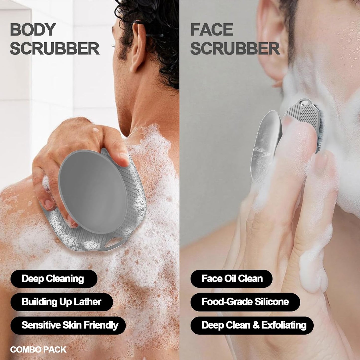 Soft Silicone Body Scrubber, Gentle Like a Hand Exfoliating Your Skin and Build Up Lather, Back Large Suction Cup Easy to Store, & Deep Clean (Body Scrubber + Face Scrubber Gray)