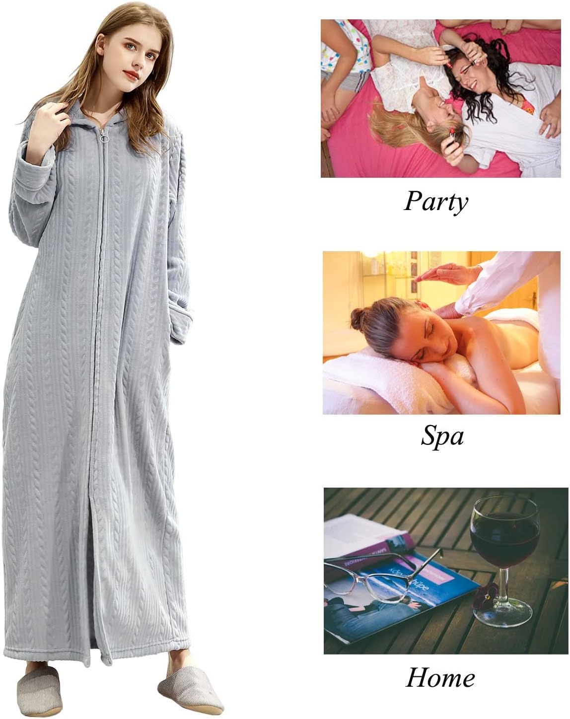 Hellomamma Long Hooded Zipper Bathrobe for Womens Flannel Fleece Robes Winter Warm Housecoat Nightgown Sleepwear Pajamas