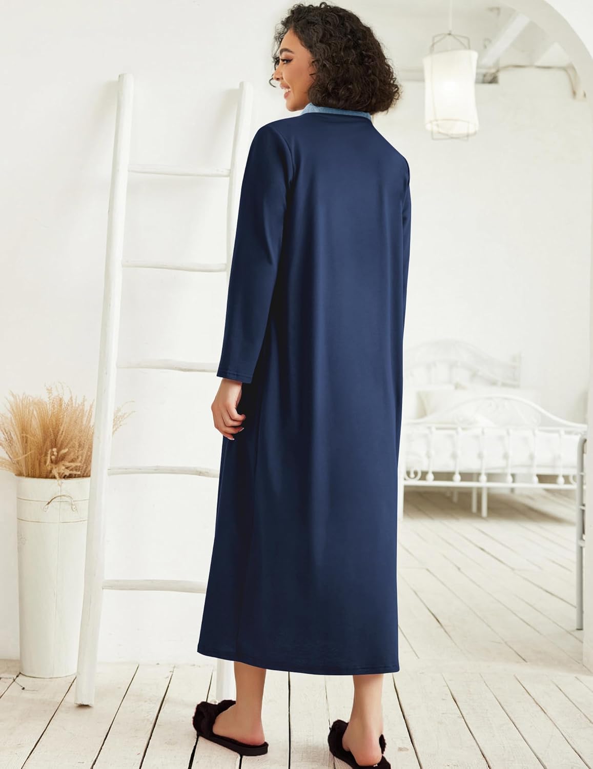 Ekouaer Women Zipper Robe Long Sleeve Loungewear Lightweight Housecoat Full Length Nightgown with Pockets
