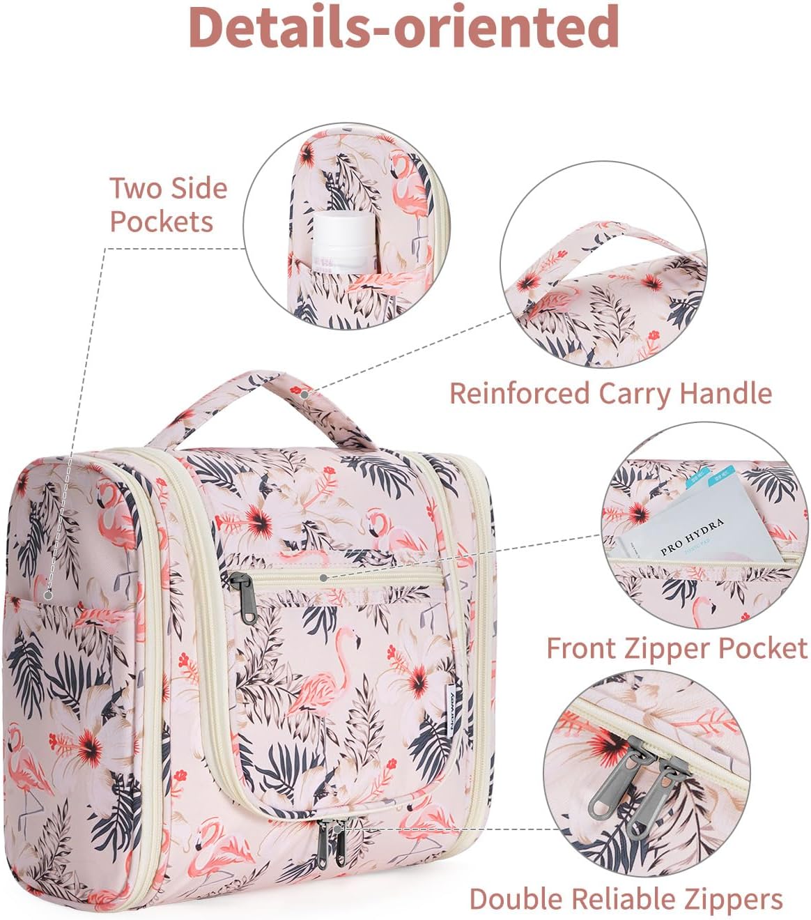 Narwey Hanging Toiletry Bag for Women Travel Makeup Bag Organizer Toiletries Bag for Cosmetics Essentials Accessories (Large, Beige Bird)