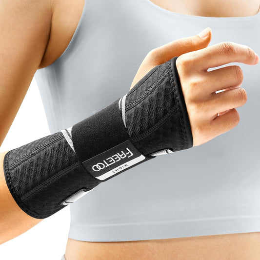 FREETOO Carpal Tunnel Wrist Brace Night Support Fit Right Hand for Work, Pain Relief Wrist Splint for Tendonitis, Arthritis,Sprain, Wrist Immobilizer Fit Women Men for Sleeping (Right, XS, Black/Grey)